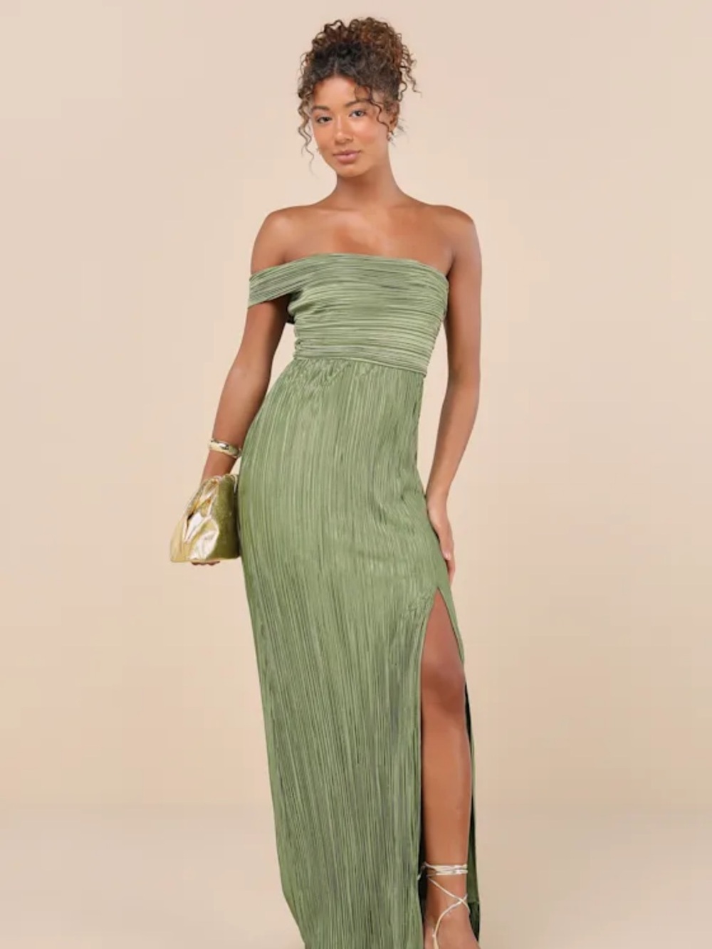 Lulu's Olive Green One-Shoulder Maxi Dress with Side Slit